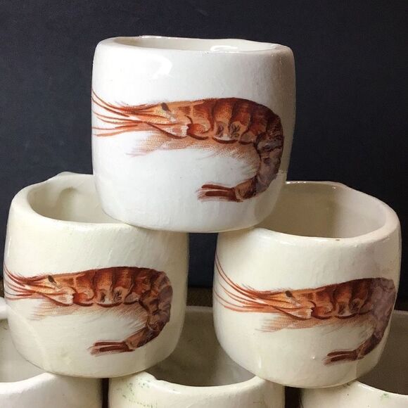 Napkin rings, vintage, ceramic shrimp embossed What moon look like chips are not - Picture 2 of 8